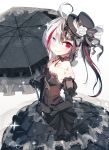  1girl ahoge bai_yemeng bare_shoulders black_dress black_gloves black_hair black_hat blush bow closed_mouth collarbone colored_eyelashes commentary_request dress elbow_gloves flower frilled_umbrella gloves gothic_lolita gradient gradient_background grey_background grey_eyes grey_umbrella hat hat_flower heterochromia highres holding holding_umbrella lolita_fashion long_hair mini_hat mini_top_hat multicolored_hair original red_eyes red_hair revision rose smile solo strapless strapless_dress streaked_hair tilted_headwear top_hat umbrella white_background white_bow white_flower white_hair white_rose 