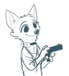  anthro blue_and_white canid canine cheek_tuft chest_tuft clothed clothing collar coveralls disney female fox fuel_(artist) gun half-length_portrait handgun head_tuft holding_object holding_weapon mammal monochrome pistol portrait ranged_weapon reaction_image shock_collar simple_background skye_(zootopia) smile solo tuft weapon white_background zootopia 