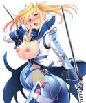  1girl areolae ass blonde_hair blue_eyes blush bodysuit breasts breasts_outside female large_breasts lilith-soft long_hair looking_at_viewer nipple_piercing nipples no_bra open_mouth pregnant shinganji_kurenai solo taimanin_kurenai twintails weapon zol 