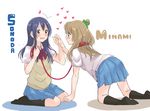  2girls blue_hair blush brown_hair heart hearts leash long_hair love_live!_school_idol_project minami_kotori multiple_girls satsuma_age short_hair sonoda_umi yuri 