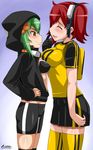  2girls aiba_ami amber_eyes bandai bike_shorts bikini_top breasts chicago-x digimon digimon_story:_cyber_sleuth erect_nipples female goggles green_hair multiple_girls pleated_skirt red_hair shinomiya_rina short_hair skirt smile sweater symmetrical_docking 