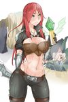  300_yen breasts character_request cleavage curvy dagger gloves green_eyes holding holding_weapon katarina_du_couteau league_of_legends leather midriff multiple_girls navel red_hair scar scar_across_eye tattoo weapon wide_hips 