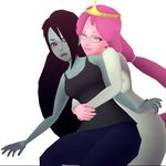  2girls adventure_time animated animated_gif blue_skin denim glasses high_heels hug labcoat marceline_abadeer mike_inel multiple_girls pink_eyes pink_hair pink_skin princess_bonnibel_bubblegum red_eyes tiara yuri 