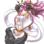  1girl abs armpits arms_behind_head arms_up blue_eyes blush braid breasts dancing fire_emblem fire_emblem:_kakusei long_hair olivia_(fire_emblem) pink_hair ponytail ryukenden smile solo stomach thighhighs toned 