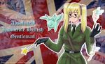  artist_name axis_powers_hetalia belt blonde_hair blush_stickers copyright_name eyebrows fairy flag_background genderswap gloves green_eyes hair_ornament hairclip highres military military_uniform necktie official_style oradd solo thick_eyebrows twintails uniform united_kingdom_(hetalia) upper_body wand 