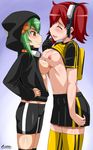  2girls aiba_ami amber_eyes areolae backpack bag bandai bike_shorts breasts chicago-x digimon digimon_story:_cyber_sleuth female goggles green_hair multiple_girls navel nipples no_bra pleated_skirt red_hair shinomiya_rina short_hair skirt smile sweater symmetrical_docking 