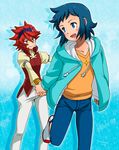  2boys blue_eyes blue_hair blush gundam gundam_build_fighters hand_holding iori_sei male_focus multiple_boys red_hair reiji_(gundam_bf) torajimaneko yaoi yellow_eyes 