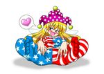  1girl american_flag_legwear american_flag_shirt blonde_hair cameltoe clownpiece fairy_wings feet hat jester_cap long_hair madou pantyhose presenting print_legwear simple_background soles solo spread_legs star sweat toes touhou wings 