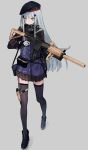  1girl assault_rifle bag bangs beret black_hat black_legwear blunt_bangs commentary_request facial_mark full_body girls_frontline gloves green_eyes grey_background gun h&amp;k_hk416 hair_ornament handbag hat hk416_(girls_frontline) holding holding_gun holding_weapon jacket long_hair mimelond mismatched_footwear multicolored multicolored_clothes multicolored_gloves plaid plaid_skirt rifle scar scar_across_eye sidelocks silver_hair skirt solo teardrop thighhighs weapon white_hair 