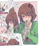  1boy androgynous blush brown_hair chara_(undertale) comic finger_in_another&#039;s_mouth finger_licking green_shirt heart licking open_mouth papyrus_(undertale) red_eyes scarf shirt short_hair shousan_(hno3syo) skeleton smile source_request undertale 