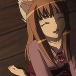  1girl animal_ears animated animated_gif barefoot brown_hair eyes_closed holo long_hair lowres smile spice_and_wolf tail wolf_ears wolf_tail 