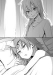  comic greyscale hair_down inazuma_eleven_(series) inazuma_eleven_go kariya_masaki kirino_ranmaru long_hair male_focus monochrome multiple_boys riho under_covers 