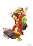  arms_up bag belt black_hair eyes_closed hat hat_removed headwear_removed long_sleeves male_focus monkey_d_luffy one_piece open_mouth open_shirt profile red_shirt sandals sash shirt shorts simple_background sitting smile solo staw_hat straw_hat white_background 