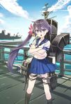  akebono_(kantai_collection) bell cloud comic crossed_arms day dock flower hair_bell hair_flower hair_ornament jingle_bell kantai_collection long_hair looking_at_viewer midriff navel ocean open_mouth rigging ship side_ponytail sketch sky very_long_hair watercraft zero_(miraichizu) 