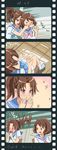  &gt;_&lt; 4koma aqua_neckwear blush brown_eyes brown_hair closed_eyes comic covering_mouth film_strip hibike!_euphonium highres indirect_kiss long_hair multiple_girls nakagawa_natsuki natsukimonou neckerchief o3o open_mouth oumae_kumiko pink_neckwear ponytail purple_eyes school_uniform short_hair sitting surprised 