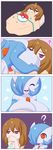  2girls ? bags_under_eyes bed blue_hair breast_feeding breasts brown_hair comic gardevoir huge_breasts ife_(jcdr) jcdr lucy_(jcdr) multiple_girls orange_eyes pokemon purple_eyes shiny_pokemon smile 