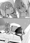  comic face greyscale inazuma_eleven_(series) inazuma_eleven_go kariya_masaki kirino_ranmaru long_hair lying male_focus monochrome multiple_boys on_back on_bed riho twintails 