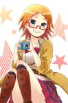  akemi_mikan belt blue_eyes blush boots breasts camera glasses grin jitsu_wa_watashi_wa open_mouth orange_hair ribbon school_uniform short_hair skirt smile socks 