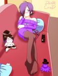  1girl bare_shoulders blue_eyes blush doctor_cursed doll long_hair off-shoulder_sweater purple_hair stuffed_animal sweater thighhighs zone-tan 