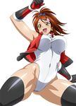  1girl bachou_mouki breasts brown_hair cleavage female fingerless_gloves gloves ikkitousen legs leotard long_hair looking_at_viewer midriff navel official_art open_mouth shiny shiny_clothes smile solo taut_clothes yellow_eyes 