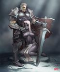  1boy 1girl armor breasts cape dark_arts_kai dark_elf elf grey_skin knight nipples original pointy_ears sword 