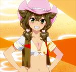  1girl brown_hair cowboy_hat front-tie_top green_eyes hands_on_hips hat navel sakura_meifon smile solo standing stitched twintails valkyrie_drive valkyrie_drive_-mermaid- vest 