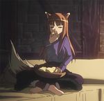  1girl animal_ears animated animated_gif barefoot bed bowl brown_hair eating eyes_closed fang food holo long_hair lowres open_mouth sitting spice_and_wolf tail wolf_ears wolf_tail 