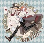  1boy 1girl alice_in_wonderland alternate_costume bow bunny clock koala_(one_piece) one_piece playing_card pocket_watch running sabo_(one_piece) saddle_shoes saucer spatterdashes teacup top_hat watch 