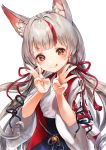  1girl azur_lane bell blush commentary eyebrows_visible_through_hair hair_ribbon hakama japanese_clothes kamikaze_(azur_lane) kimono licking_lips long_hair looking_at_viewer mia_(miaflocon) multicolored_hair red_eyes ribbon simple_background solo streaked_hair tongue tongue_out white_background white_hair wide_sleeves 