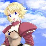  :d blonde_hair blue_eyes breasts cleavage cloud cloudy_sky day drill_hair gem open_mouth pacifica_casull ponytail scrapped_princess shoulder_pads sky smile solo twin_drills upper_body yuki_tomo 