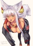  1girl :3 :d animal_ear_fluff animal_ears bangs bare_shoulders bell bent_over black_kimono black_legwear blush bodypaint breasts cleavage collar dark_skin dated eyebrows_visible_through_hair fox_ears fox_girl fox_tail geta gloves hair_bell hair_between_eyes hair_ornament heriwo_(haraheridou) japanese_clothes jingle_bell kimono large_breasts leaning_forward long_hair looking_at_viewer off_shoulder open_mouth original oversized_object red_gloves short_kimono silver_hair slit_pupils smile solo tail thighhighs toeless_legwear twitter_username very_long_hair yellow_eyes 