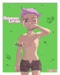  1girl bare_shoulders brown_eyes character_name flat_chest green_background hermana_larmo navel one_eye_closed panties purple_hair short_hair shorts tales_of_(series) tales_of_innocence topless underwear 