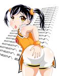  1girl ass bare_shoulders black_hair blush bracelet breasts from_behind hair_ornament hand_on_ass huge_ass jewelry leaning leaning_forward ling_xiaoyu long_hair open_mouth shiny shiny_clothes shiny_hair shiny_skin shorts sideboob solo tekken twintails 