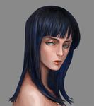  1girl bangs blue_eyes blue_hair blunt_bangs dotol expressionless from_side grey_background lips long_hair looking_to_the_side nico_robin one_piece portrait realistic simple_background solo 