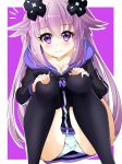  1girl adult_neptune ass black_legwear blush breasts cleavage collarbone d-pad d-pad_hair_ornament hair_between_eyes hair_ornament hands_on_own_knees highres hood hooded_jacket jacket leekoe2525 long_hair medium_breasts neptune_(series) panties pantyshot pantyshot_(squatting) purple_eyes purple_hair shin_jigen_game_neptune_vii smile solo squatting striped striped_panties thighhighs thighs underwear upskirt very_long_hair zipper 