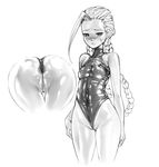  1girl anus ass bare_shoulders blush breasts cammy_white covered_navel d1975 earrings erect_nipples female flossing gloves highres jewelry leotard monochrome partially_visible_anus partially_visible_vulva pussy shiny_skin simple_background skin_tight small_breasts solo street_fighter tight wedgie 