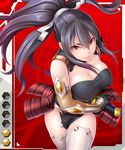  1girl bare_shoulders black_hair breasts cleavage erect_nipples female large_breasts leaning_forward lilith-soft long_hair looking_at_viewer nobushito_kuro ponytail red_eyes smile solo sword taimanin_asagi taimanin_asagi_battle_arena yamato_eri 