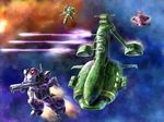  chibe firing gundam mecha mobile_suit_gundam musai poteto335 rick_dom rocket_launcher space space_craft weapon zaku zaku_ii 