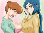  bespeculated blue_hair blush breasts brown_hair cleavage docking glasses green_eyes gundam gundam_build_fighters iori_rinko kill_la_kill large_breasts long_hair looking_at_viewer mankanshoku_sukuyo milf multiple_girls open_mouth short_hair smile symmetrical_docking upper_body 