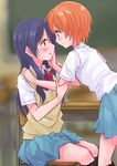  2girls blush hoshizora_rin long_hair love_live!_school_idol_project multiple_girls orange_hair purple_hair satsuma_age sitting sonoda_umi standing yuri 