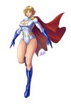  artist_request blonde_hair blue_eyes breasts cape cleavage dc_comics gloves looking_at_viewer power_girl short_hair 