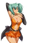  armpits artist_request black_gloves breasts candy cleavage collarbone elbow_gloves eyebrows eyebrows_visible_through_hair fingerless_gloves food gloves green_eyes green_hair halloween hand_behind_head ikkitousen large_breasts lollipop looking_at_viewer navel one_eye_closed ryofu_housen shiny shiny_skin short_twintails solo tongue tongue_out twintails 