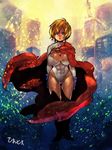 1girl abs artist_request blonde_hair blue_eyes breasts cape cleavage dc_comics power_girl 