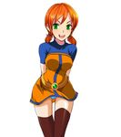  1girl arms_behind_back belt dress gluteal_fold green_eyes happy king_of_fighters leaning_forward looking_at_viewer m.u.g.e.n orange_hair panties pantyshot shinzaki_maria short short_twintails simple_background smile solo the_king_of_fighters_2003 thighhighs twintails underwear white_background zettai_ryouiki 