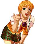  1girl blonde_hair brooch green_eyes happy jewelry king_of_fighters leaning_forward m.u.g.e.n miniskirt mouki one_eye_closed open_mouth pixel_art plaid_skirt school_uniform shinzaki_maria short_hair simple_background skirt smile solo the_king_of_fighters_2003 thumbs_up white_background wink 