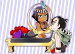  1boy 1girl artist_request beowulf_(skullgirls) black_eyes black_hair blue_eyes breasts chibi cleavage dark_skin egyptian eliza eliza_(skullgirls) heart kneeling large_breasts pelt short_hair skullgirls smile stubble vandyke_brown 