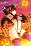  1girl breasts dead_or_alive dead_or_alive_5 dutch_angle fangs female halloween jack-o&#039;-lantern jack-o'-lantern large_breasts lei_fang long_hair night outdoors pumpkin sling_bikini smile solo succubus underboob witch_hat 