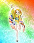  blonde_hair clog_sandals furisode hajime_(caramel_toone) japanese_clothes kasugano_urara_(yes!_precure_5) kimono leg_lift legs microphone precure rainbow_background short_kimono smile solo tabi twintails yellow_eyes yes!_precure_5 zouri 