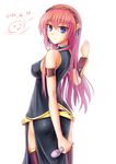  absurdres blue_eyes breasts covered_nipples headset hei_mao_de_zu_ji highres impossible_clothes long_hair looking_back medium_breasts megurine_luka microphone pink_hair smile solo thighhighs vocaloid 