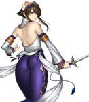 ass back backless_outfit bare_shoulders brown_eyes brown_hair chai_xianghua kansuke looking_back pants skin_tight soulcalibur sword tight tight_pants weapon 